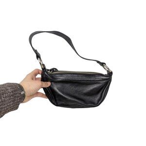 Vintage Y2K Express Black Genuine Leather Shoulder Bag Rhinestone Ring Accents